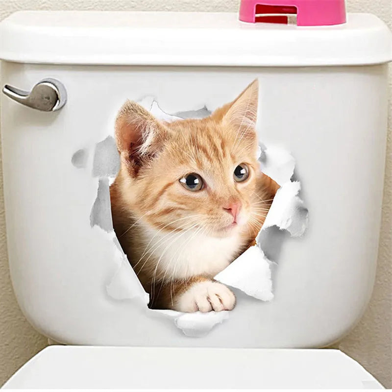 3d vivid broken Cat Toilet Door Refrigerator kitchen toilet Wall Stickers Decals Door Home Decor Poster Mural